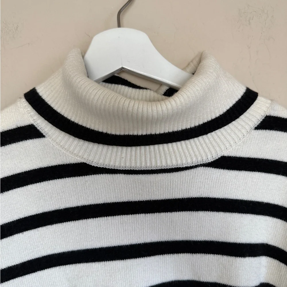 Amazon Sweater Women’s Striped Cream Black White Turtleneck Medium Slouchy Fit